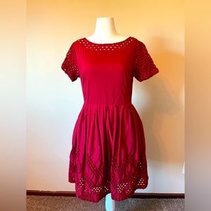 Dear Creatures size L red dress with dot lace neckline, sleeves, and skirt.